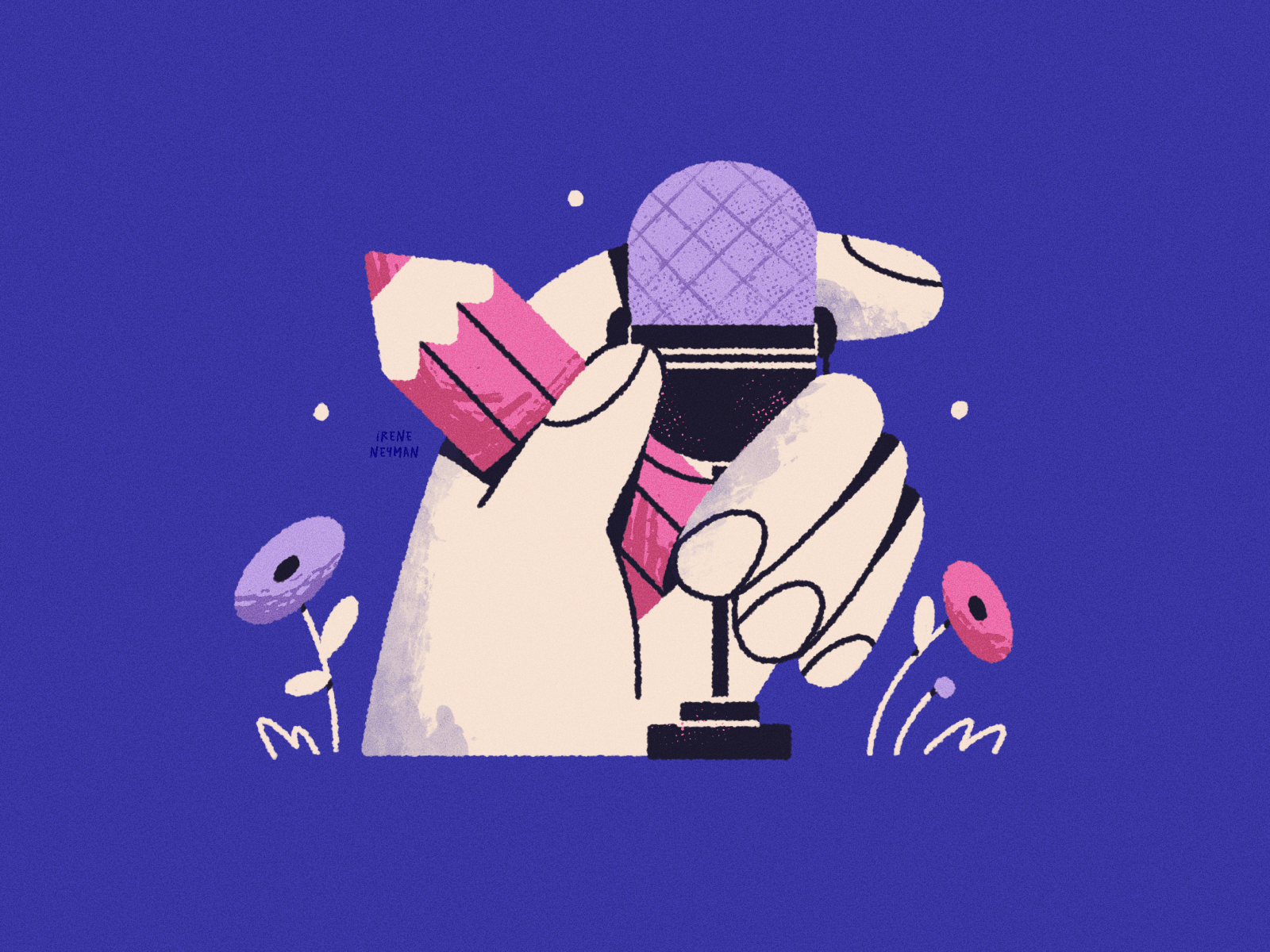 Illustration of a hand holding a pink pencil and a microphone, set against a purple background. Surrounding flowers add a whimsical touch.