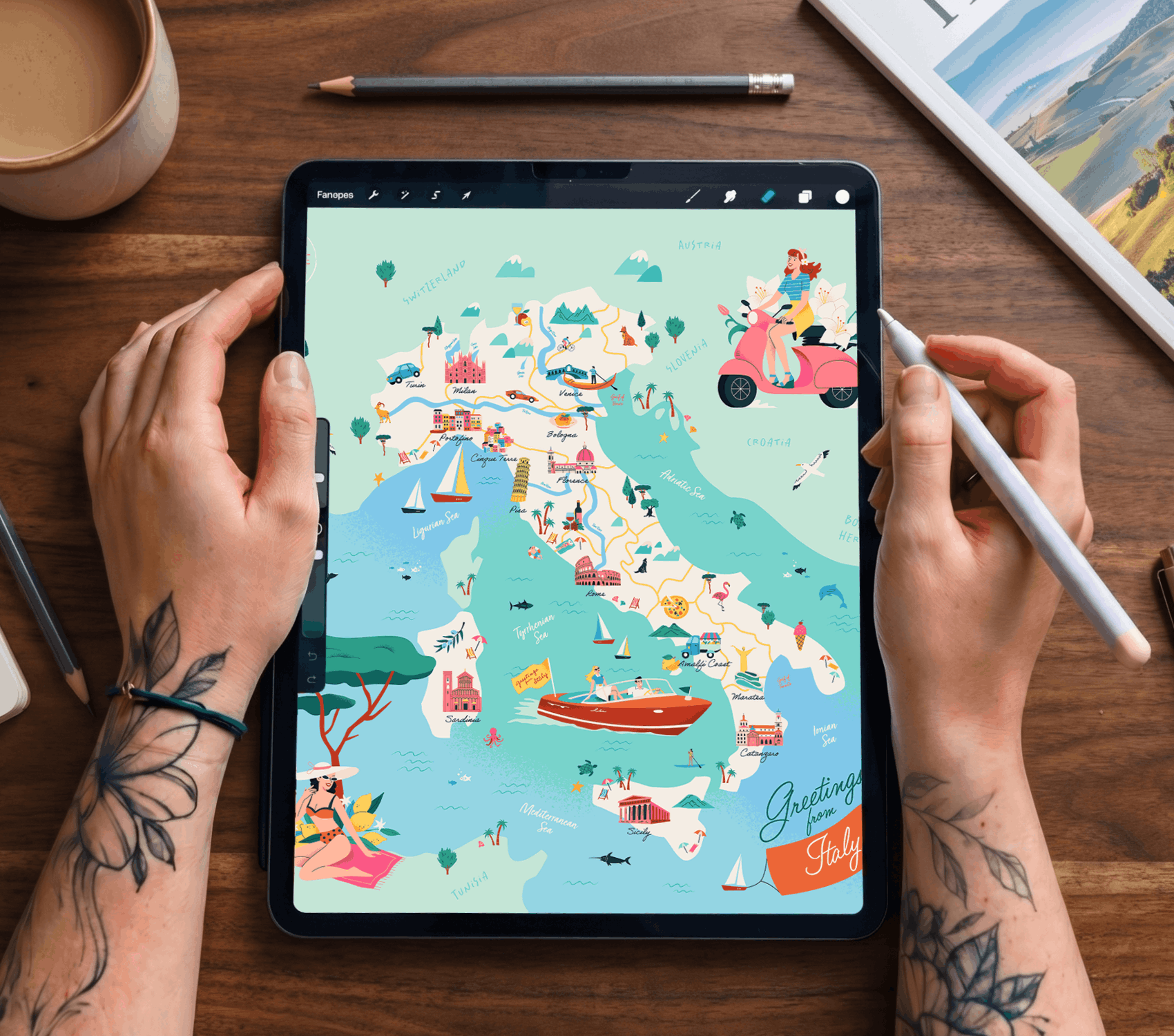 Photo of the iPad with an Italy map opened and hands around the device